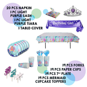 Bubba & Bailey Mermaid Party Supplies for 19 Guests! 243pcs incl Sash and Tiara Mermaid Birthday Outfit for Girls